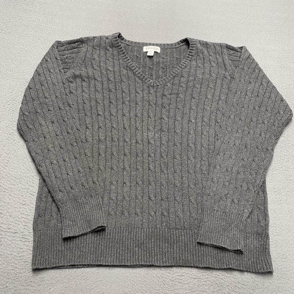 St. John's Bay Sweater Mens XL Gray V Neck Cable Knit Cotton Nylon Pullover